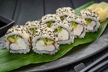 Sushi rolls with shrimp and sesame.