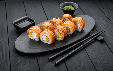 Grilled mango rolls with salmon and shrimp