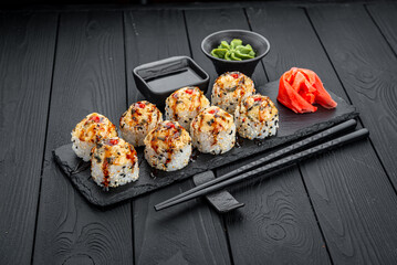 Sushi roll volcano, rolls with fish and cheese.