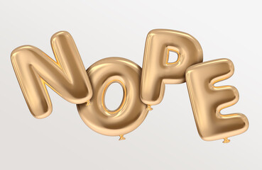 Nope iconic balloon style word letters isolated and floating typography text with golden realistic color in clean background