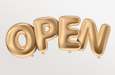 Open word with golden style realistic rendered balloon seperate letters isolated typography floating for graduation concept illustration in clean background