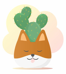 Cute flower pot in the form of a dog. Cactus in a pot. Vector illustration