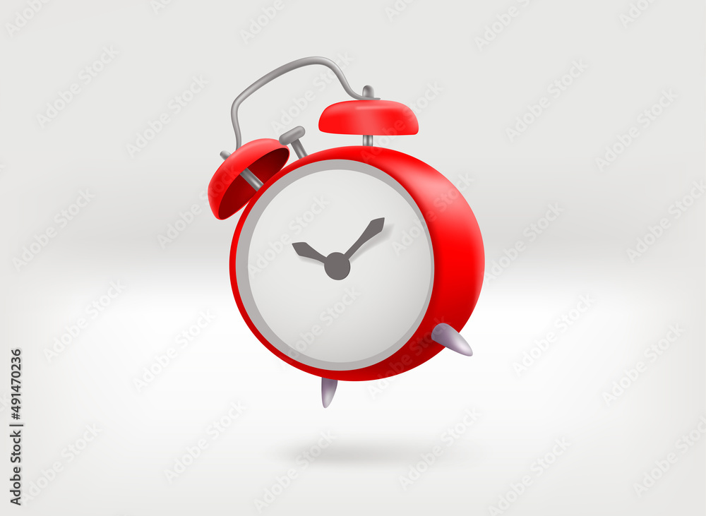 Poster retro red alarm clock. 3d vector illustration