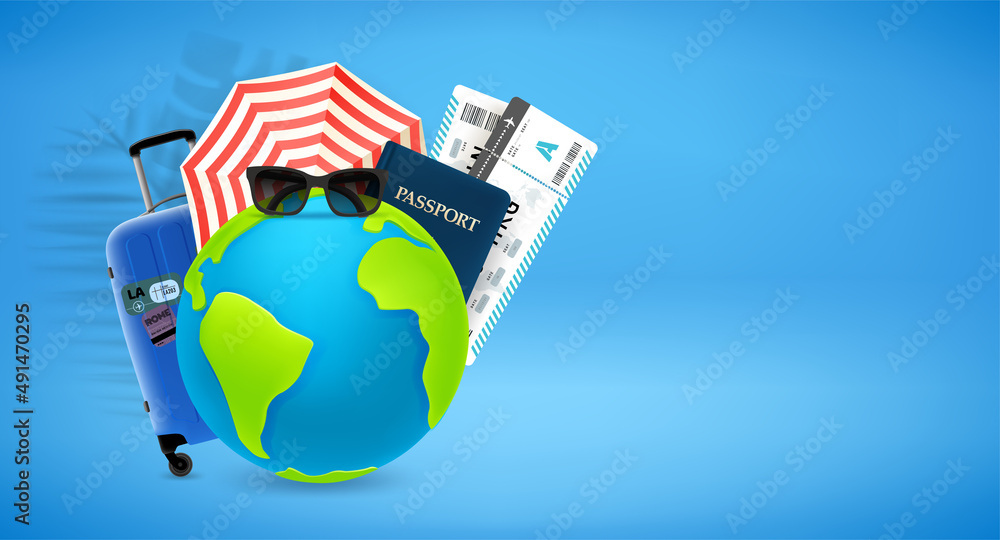 Aufkleber summer vacation objects with the earth. world travel concept. 3d vector banner with copy space