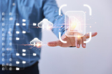 Businessman touching icon virtual online. Database and process automation to manage files, knowledge, and documentation in the company. Document Management System.