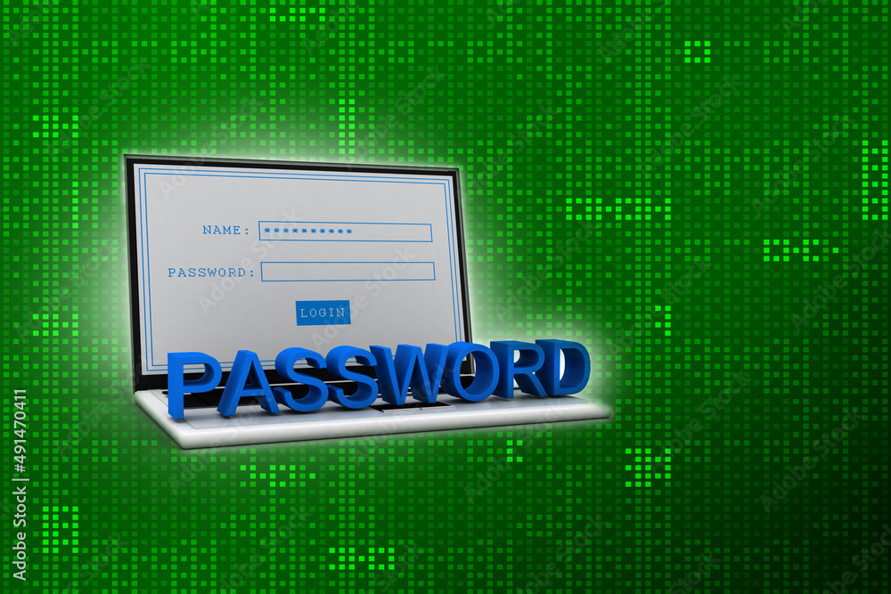 Poster 3d rendering laptop with password text