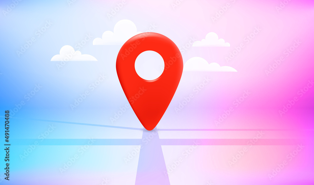 Poster Map navigation red pointer on the road in perspective. Travel destination concept. Vector 3d illustration
