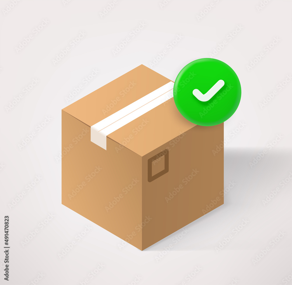 Poster shipping icon with checkmark. 3d vector icon