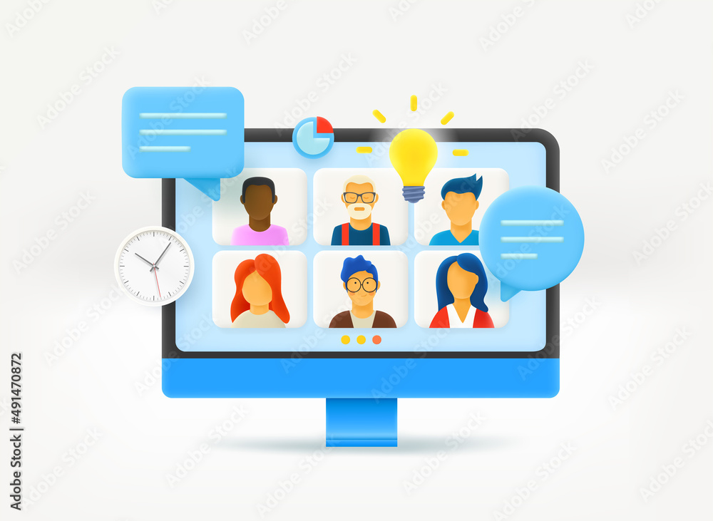 Poster using modern computer for online video conference. teamwork concept. 3d vector illustration