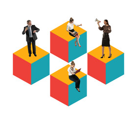 Creative colorful design. Business people, employees during working day isolated over white background