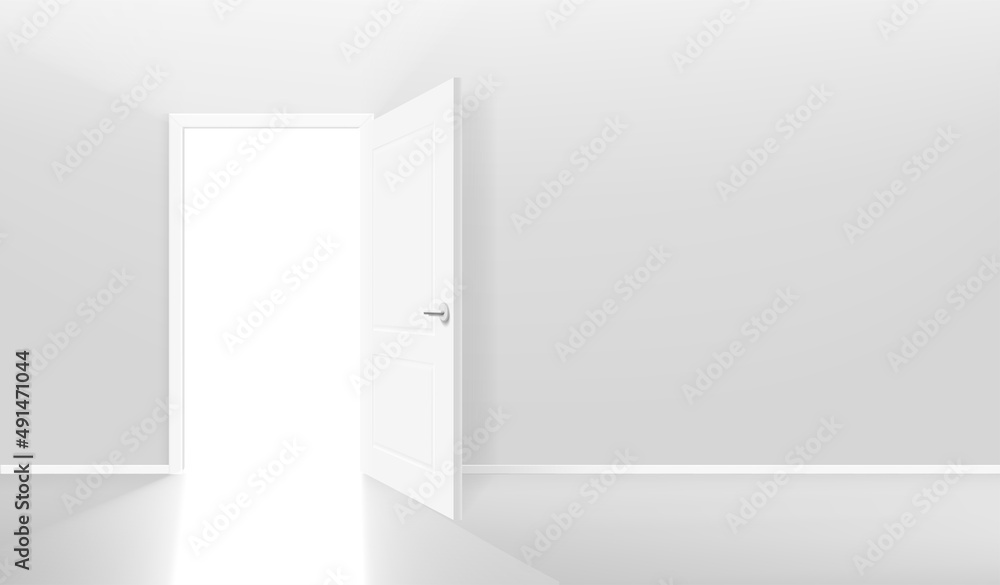 Poster Opened door on the wall. Realistic 3d style vector banner with copy space