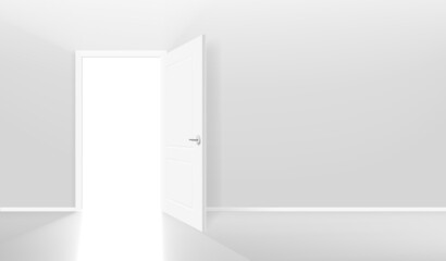Opened door on the wall. Realistic 3d style vector banner with copy space