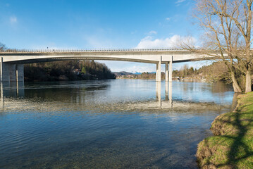 Big Italian river. Ticino river and the motorway bridge (A8/A26) that connects the Lombardy region (on the right) with Piedmont. In the background the town of Sesto Calende, Italy 