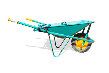 Bricklayer or gardening wheelbarrow isolated on white background. Green metal wheelbarrow