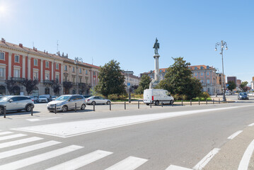 Fototapeta premium Vercelli city and square Pajetta Nedo with the monument to Vittorio Emanuele II of 1859 in the center. Piedmont region, northern Italy