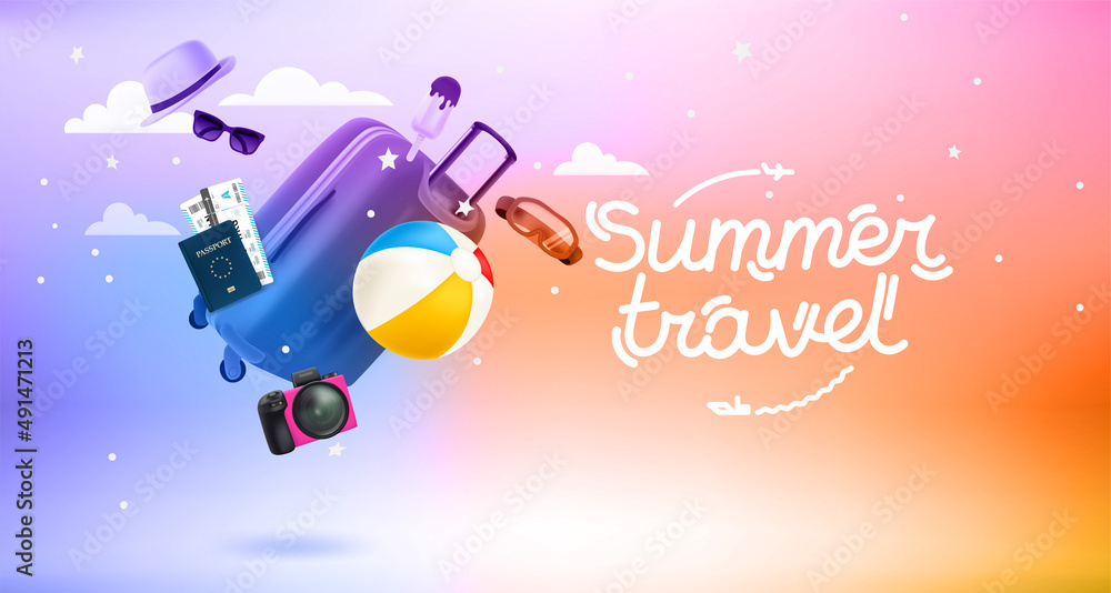 Aufkleber vintage handbag with different summer stuff. levitation effect. 3d vector banner with lettering insc