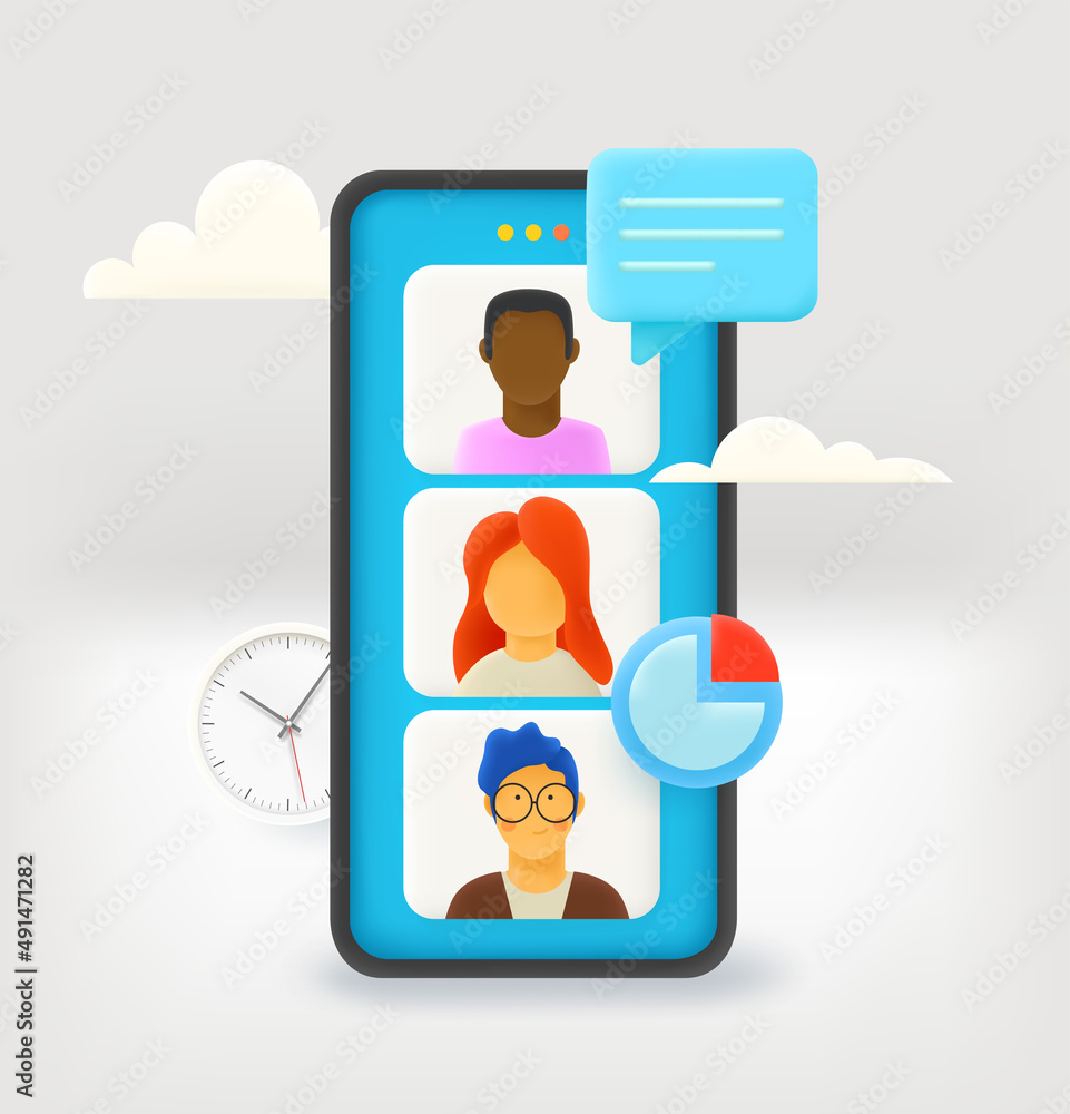 Poster using mobile phone for online video conference. teamwork concept. 3d vector illustration