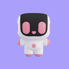 Funny little kawaii character. Cartoon robot 3d render illustration on blue backdrop