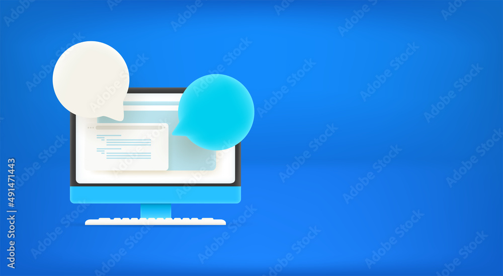 Poster modern computer with speech clouds .vector banner with copy space