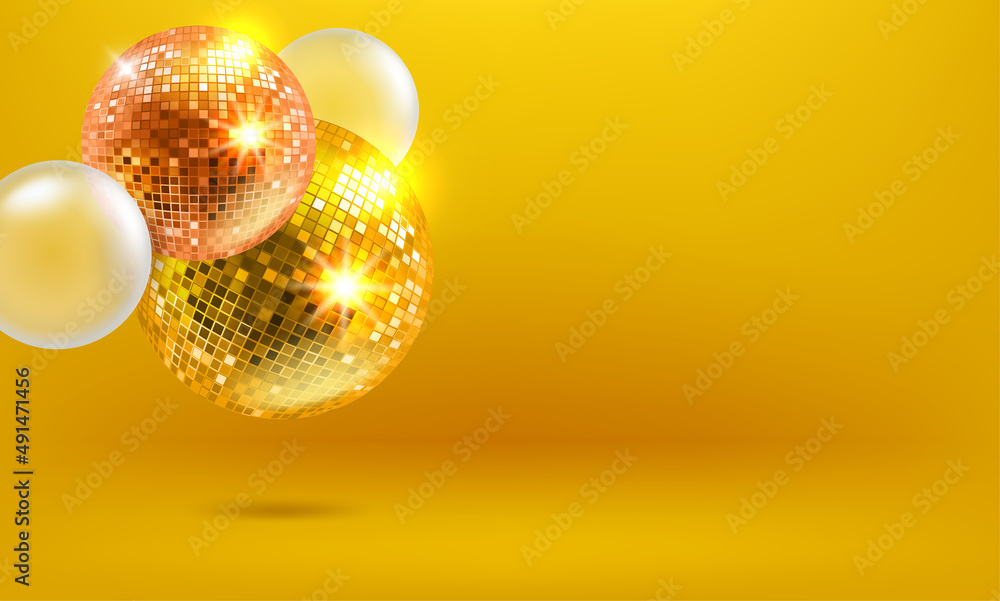 Poster glowing disco balls and spheres on yellow background. vector 3d bsnner with copy space