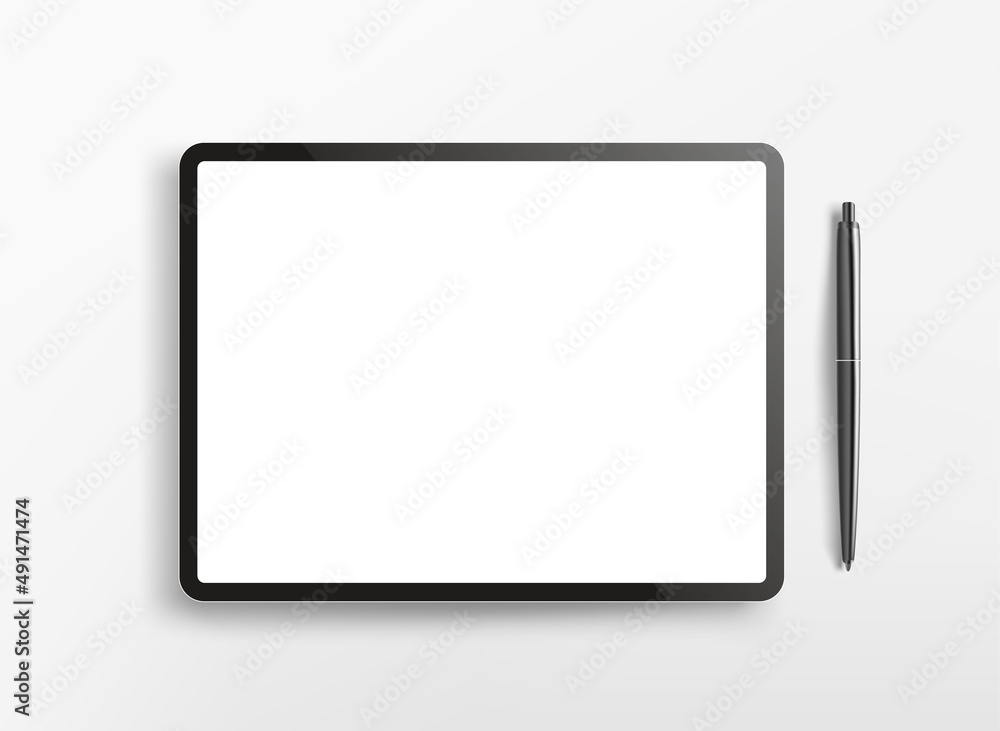 Poster Modern tablet computer with blank screen and black pen. Flat lay 3d vector illustration isolated on white background