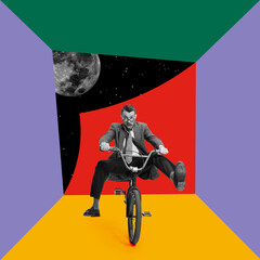 Contemporary art collage with businessman, marketing director riding bike isolated over...