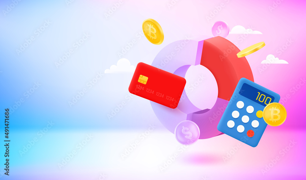 Aufkleber business concept with chart and money. 3d vector banner with copy space