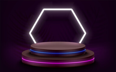 Dark violet room with glowing stage and neon lights