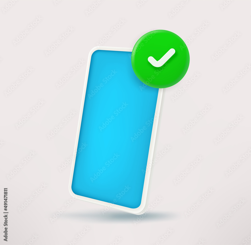 Poster modern smartphone icon with checkmark. 3d vector icon