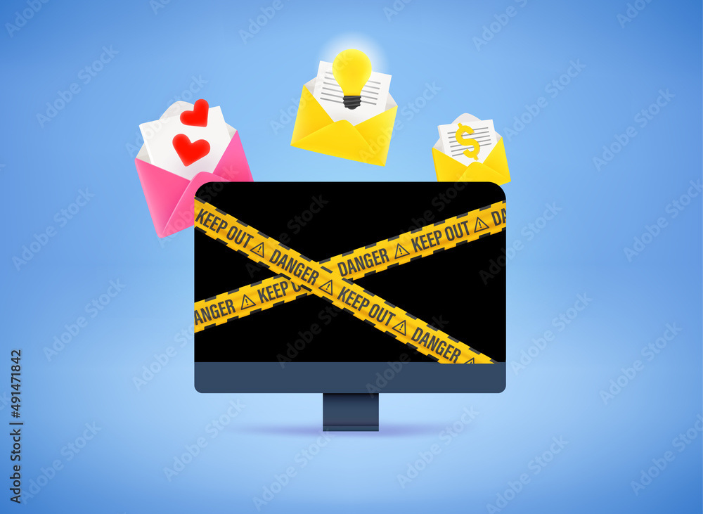 Poster aware of internet fraud. email fishing concept. modern computer monitor with ribbons on the screen. 