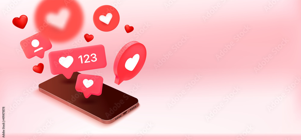 Aufkleber social media notification bubbles with hearts and mobile phone. 3d vector banner with copy space