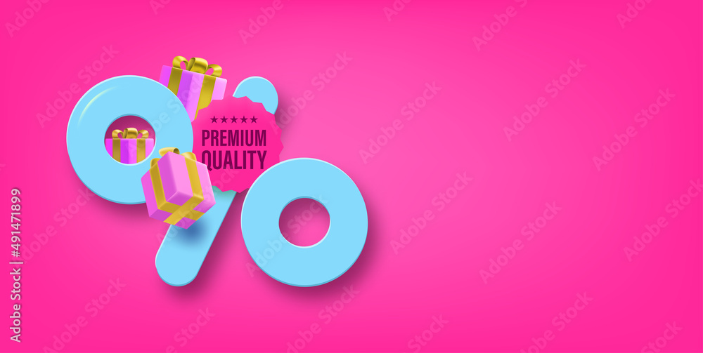 Poster shopping offer label with percentage sign and premium quality sticker. 3d vector banner with copy sp