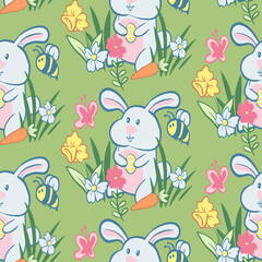 Seamless Repeat Vector Pattern with Easter Bunny flowers butterflies bees and Easter eggs. Cute Illustration for springtime holidays.