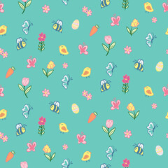 Seamless Repeat Vector Pattern with flowers butterflies chicks bees and Easter eggs. Cute Illustration for springtime holidays.