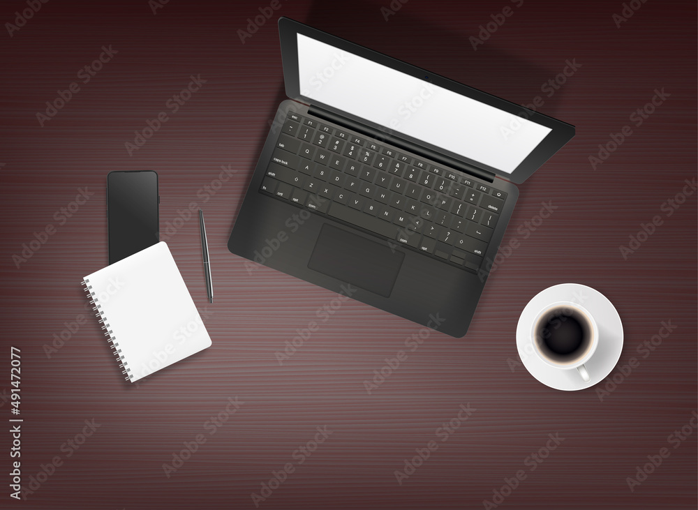 Aufkleber wood table with modern laptop, smartphone and cup of coffee. working place concept. vector 3d illust