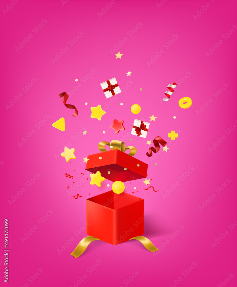 Poster holiday concept with gift box and confetti. 3d vector banner with copy space