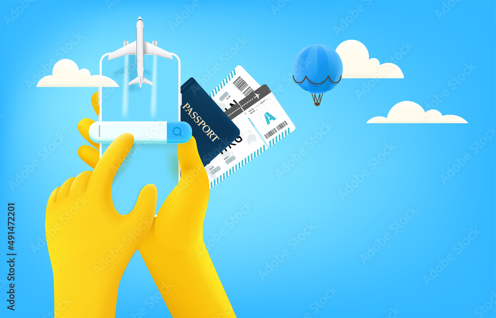 Aufkleber man using mobile phone to order vacation. 3d vector banner with copy space