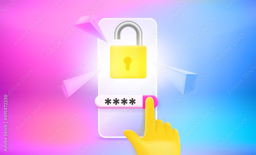 Poster the thief inputting pincode to unlock the smartphone. 3d vector concept