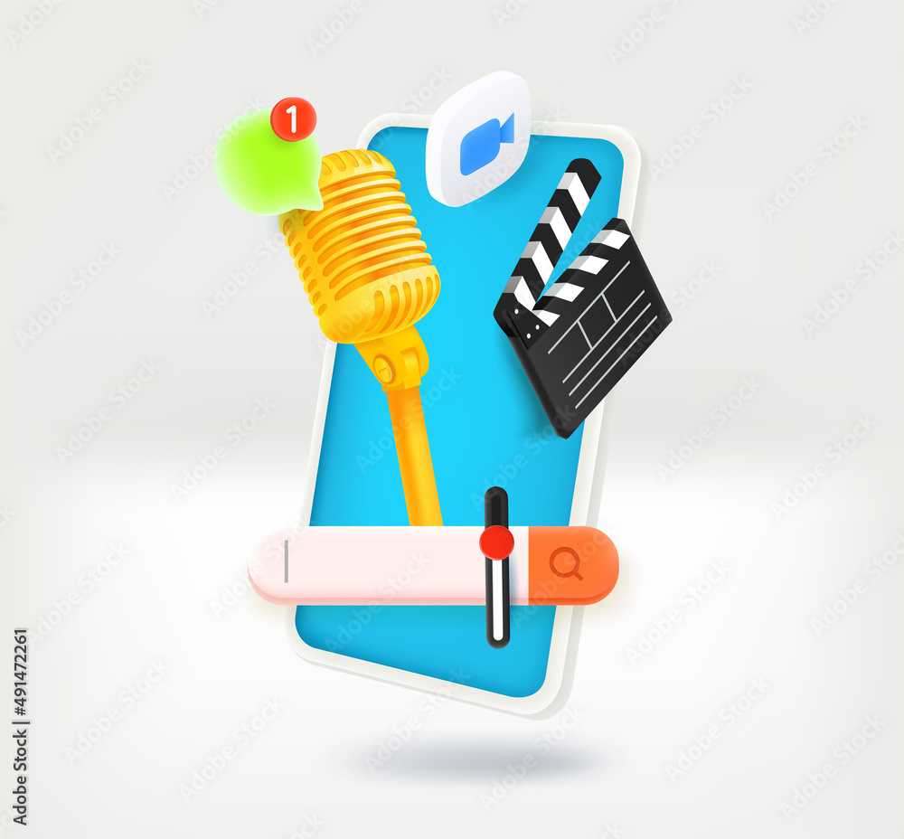 Poster making mobile multimedia project concept with clap, microphone, volume tab, chat cloud and camera ic