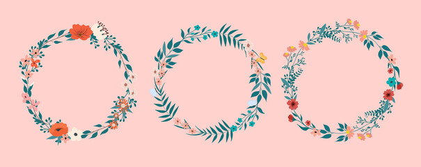 Collection spring frames of flowers and leaves. Spring gentle pastel colors. Hand drawn design for poster, card, invitation, placard, brochure. Vector illustration.