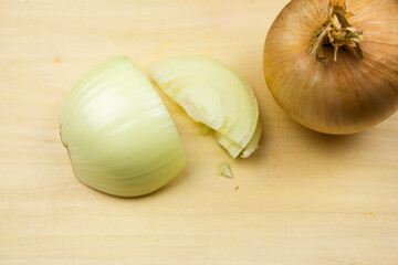 Sliced onion close-up. Natural bow. Onion cooking.