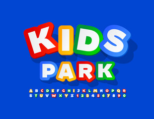 Vector colorful sign Kids Park. Creative sticker Font. Funny set of playful Alphabet Letters and Numbers
