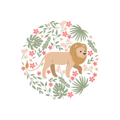 Lion, flowers and leaves isolated on white background. Vector graphics.