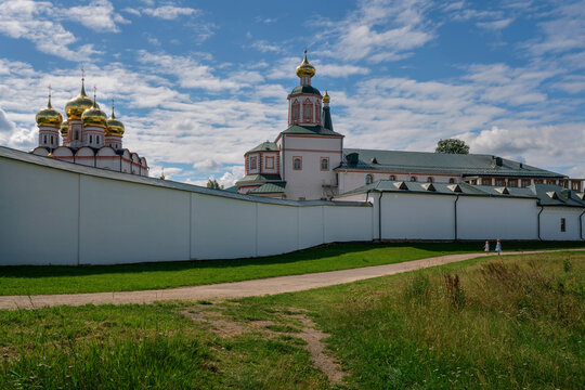 View of the Valdai Iversky Monastery, Assumption Cathedral and refectory with the Church of the Epiphany of the Lord on a sunny summer day, Valdai, Novgorod region, Russia