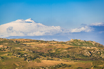 Beautiful View of Mount Etna from Caltagirone, Catania, Sicily, Italy, Europe, World Heritage Site
