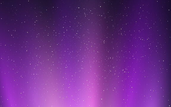 Northern lights. Beautiful starry background with purple gradient. Abstract cosmos texture with glow effect. Magic milky way with constellations. Vector illustration