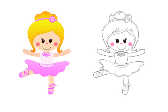 Colorin page with ballerina in cartoon style on white background. Vector illustration.