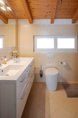 Bathroom detail with sink, mirror and toilet. exposed wooden beams