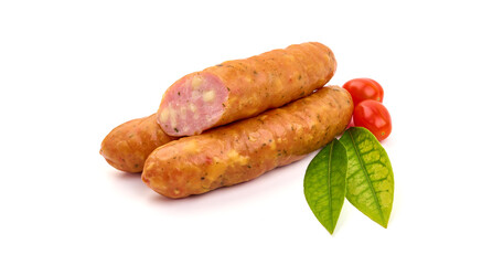 Smoked pork sausages with cheese, isolated on white background.