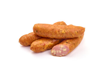 Smoked pork sausages with cheese, isolated on white background.
